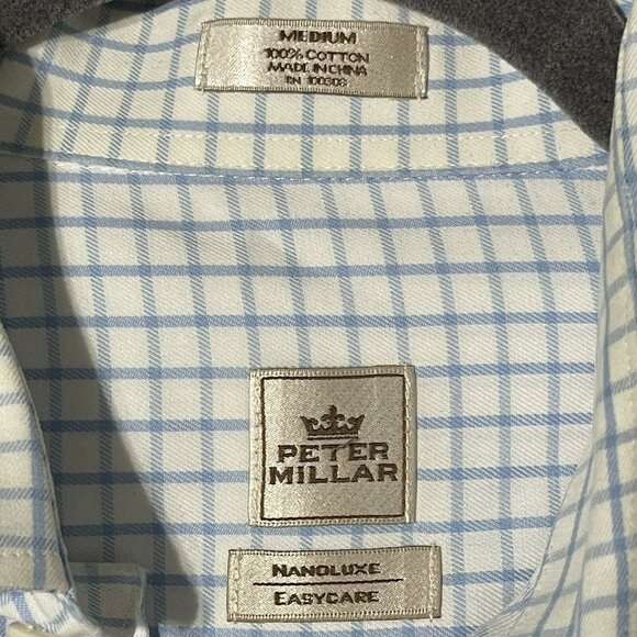Peter Millar Mens Medium Blue Checkered Cotton Button-Down Shirt - Picture 6 of 11